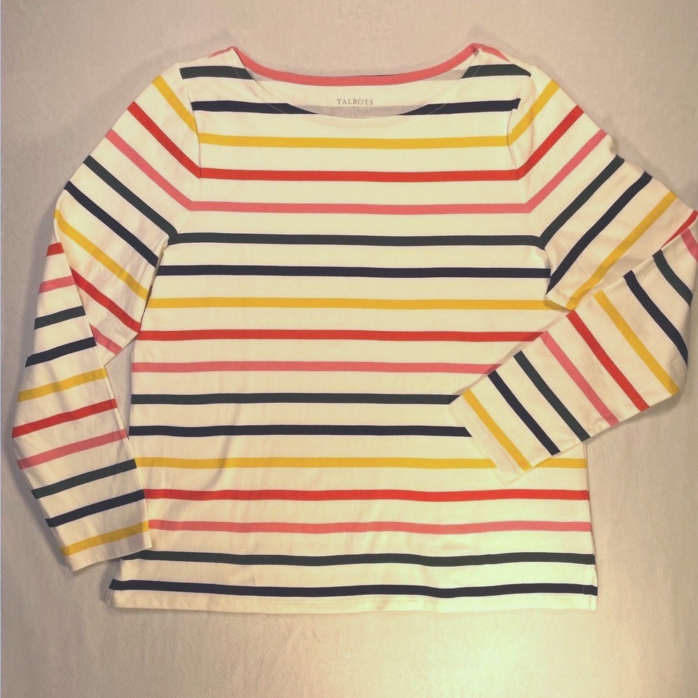 talbots striped boat neck cotton long sleeve L rainbow coastal preppy